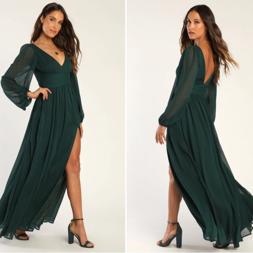 LULU's Sexy Elegant Long Sleeve Romantic Flowy Bridesmaid Wedding Formal Gown - Picture 5 of 6